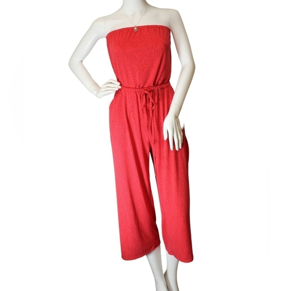 Express Red With Black Polka Dot Strapless Cropped Wide Leg Women Jumpsuit Sz XS - Picture 3 of 13